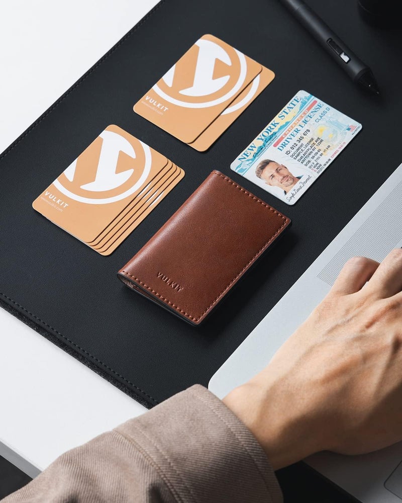 VULKIT Leather Business Card Holder 2 Sided Slim Business Name Card Organizer for Men or Women, Up to hold 20 cards (Vintage Brown) - Image 5